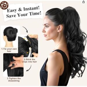 HMD Ponytail Extension Long Wavy Drawstring Ponytail  24" Black Curly Wavy